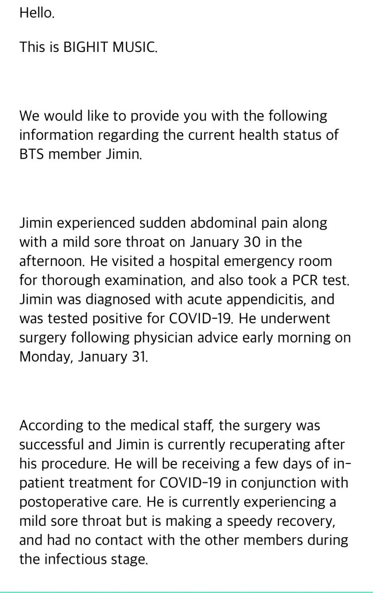 Jimin From Bts Tests Positive For Covid-19 After Operated For Acute Appendicitis 2