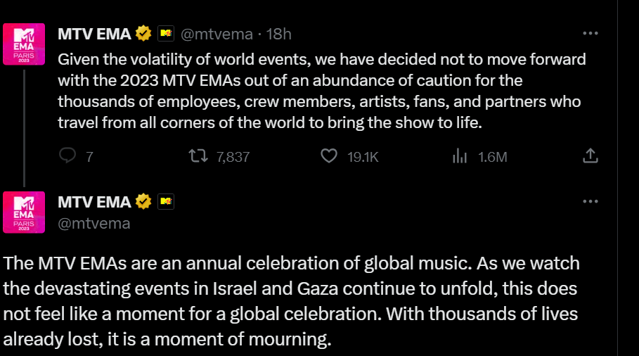 Reasons Why The Mtv Europe Music Awards (Ema) 2023 Has Been Cancelled 2