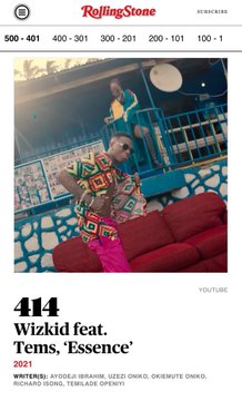 &Quot;Essence&Quot; By Wizkid And Tems Makes It To Rolling Stone'S 500 Greatest Songs 2